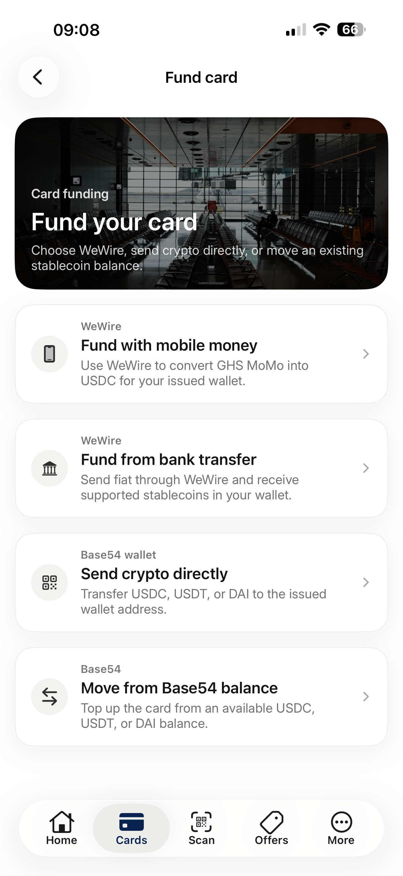 Beeze Fund card screen with mobile money, bank transfer, and crypto options